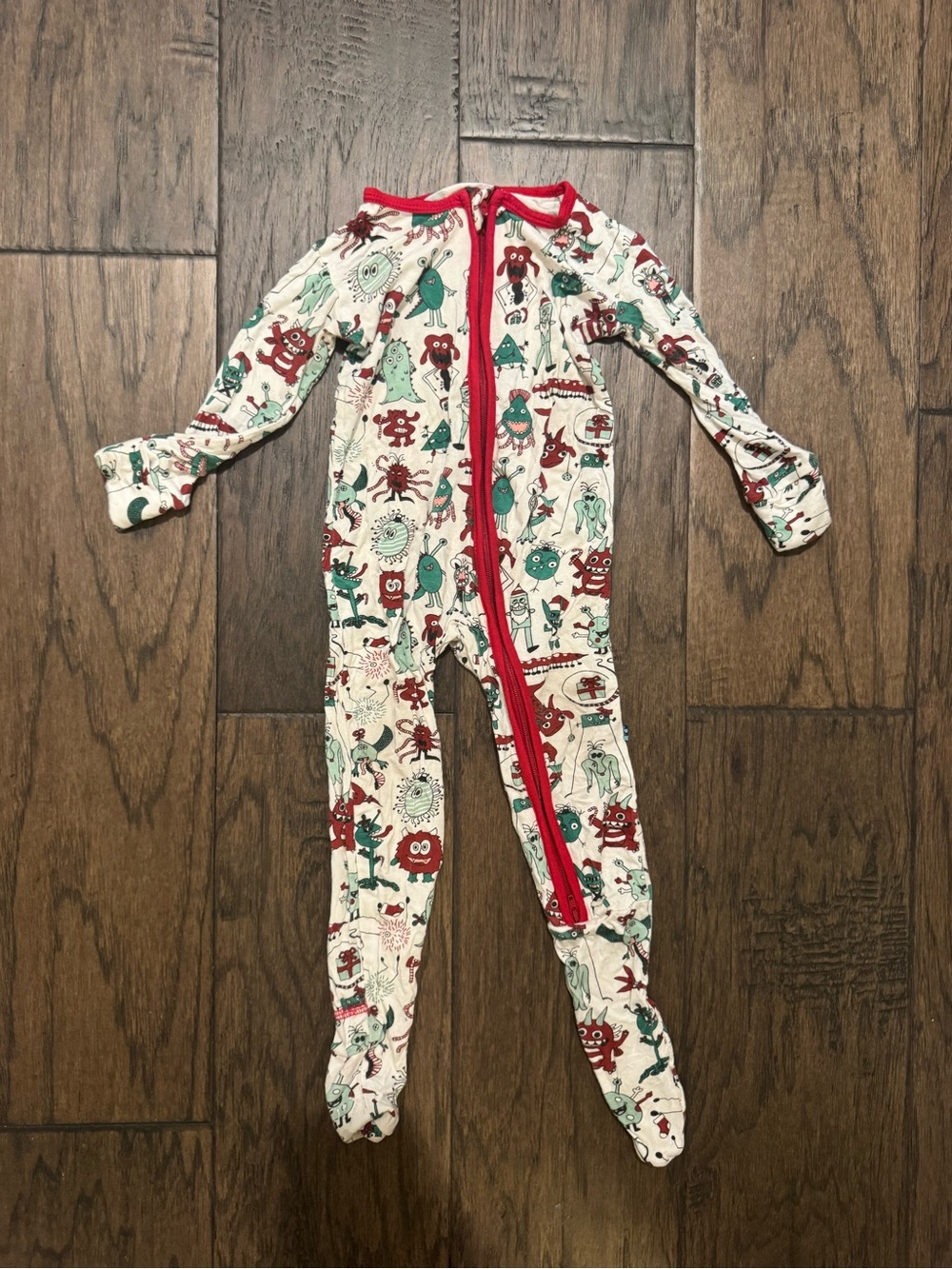 Kickee Holiday merry Monster Print One-Piece Pajamas - Red Trim